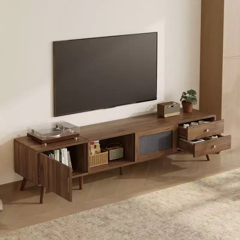 Mobile TV Moderno e Minimalista da 76 Pollici con Ante in Vetro e Armadietti Contenitore
