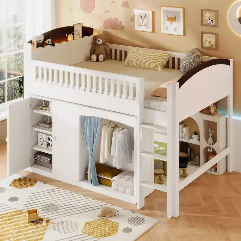Telaio letto a soppalco singolo Whisen con armadietto contenitore, guardaroba, struttura robusta