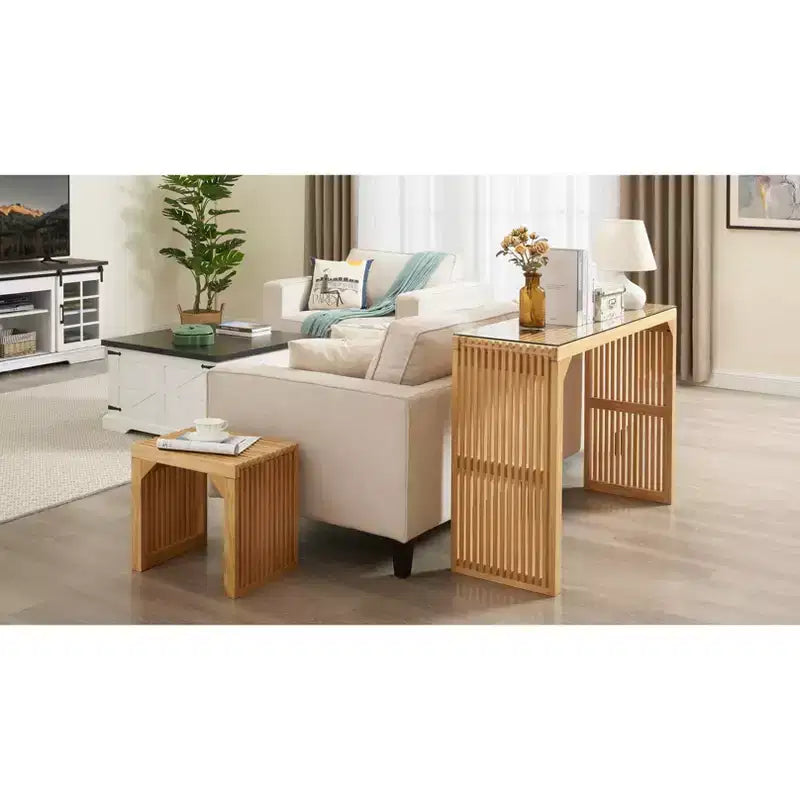 JVNOXK Set tavolo da pranzo e panca in legno di pino naturale con piano in vetro temperato, mobili da interno versatili per ingresso, cucina, soggiorno
