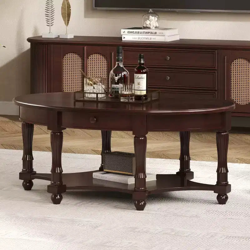 Tavolino da Caffè Ovale Vintage Francese con Cassetto e Ripiano Inferiore
