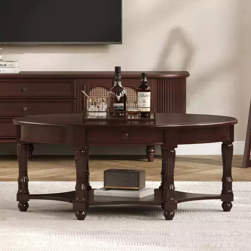 Tavolino da Caffè Ovale Vintage Francese con Cassetto e Ripiano Inferiore