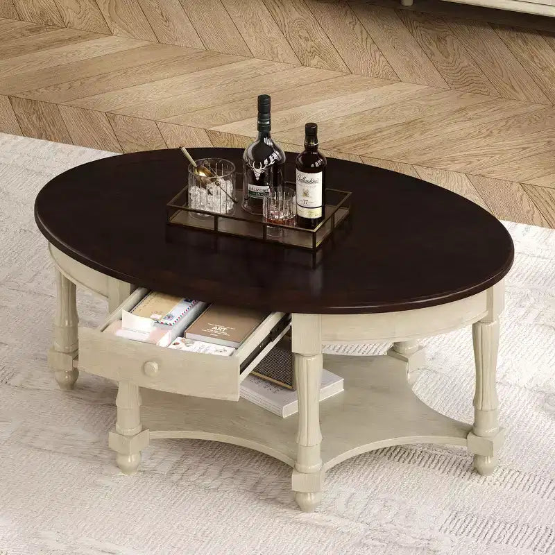 Tavolino da Caffè Ovale Vintage Francese con Cassetto e Ripiano Inferiore