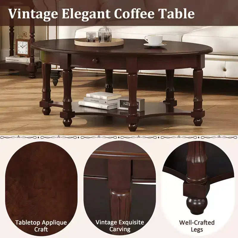 Tavolino da Caffè Ovale Vintage Francese con Cassetto e Ripiano Inferiore