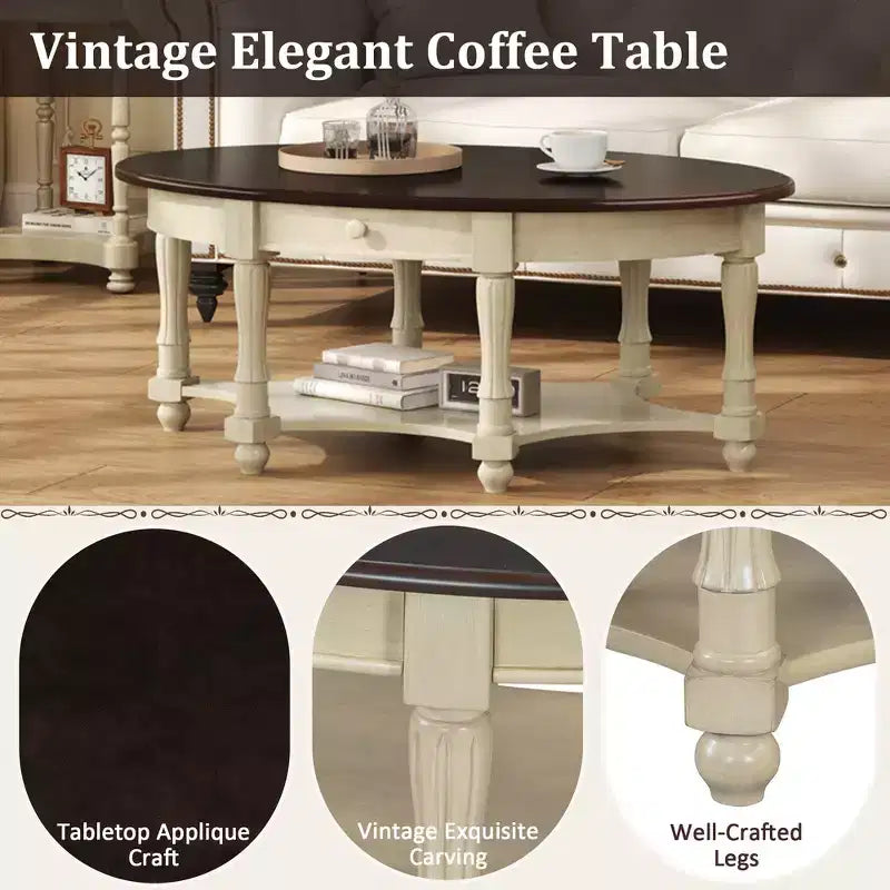 Tavolino da Caffè Ovale Vintage Francese con Cassetto e Ripiano Inferiore