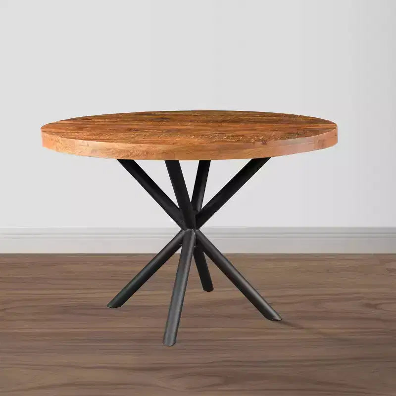 Tavolo da pranzo rotondo in legno di mango da 122 cm con base a croce in ferro – Marrone naturale e nero