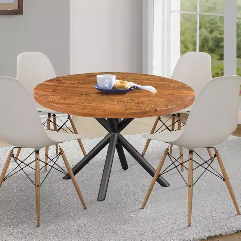 Tavolo da pranzo rotondo in legno di mango da 122 cm con base a croce in ferro – Marrone naturale e nero