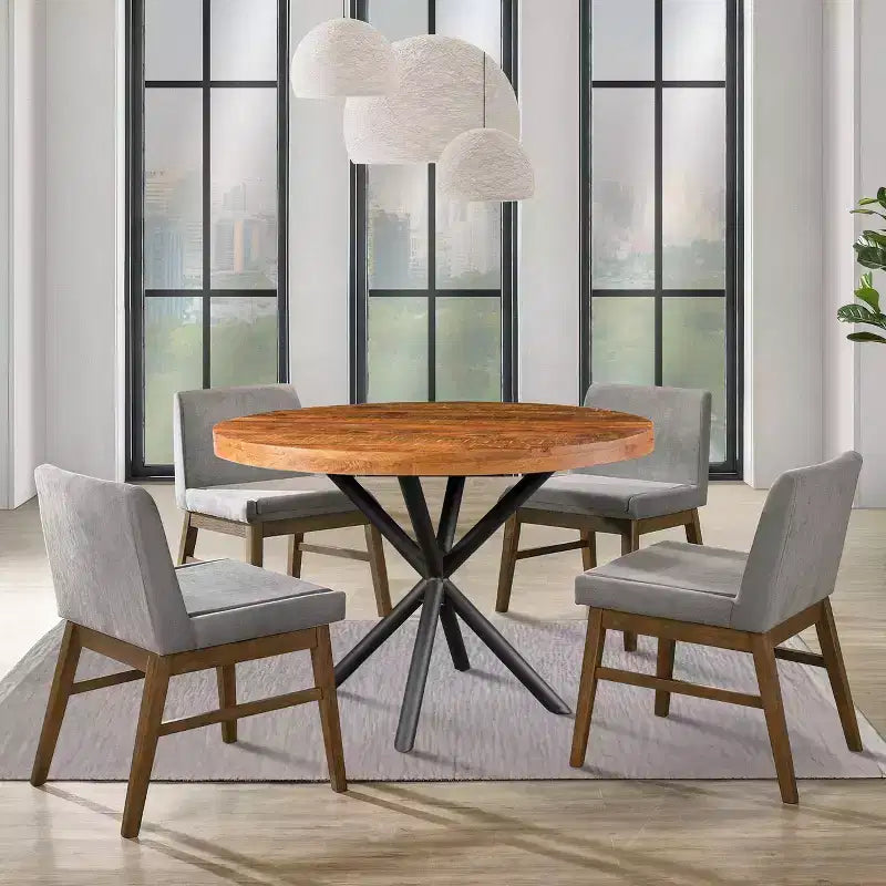 Tavolo da pranzo rotondo in legno di mango da 122 cm con base a croce in ferro – Marrone naturale e nero