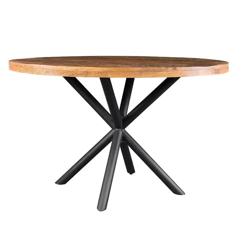 Tavolo da pranzo rotondo in legno di mango da 122 cm con base a croce in ferro – Marrone naturale e nero