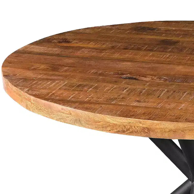 Tavolo da pranzo rotondo in legno di mango da 122 cm con base a croce in ferro – Marrone naturale e nero