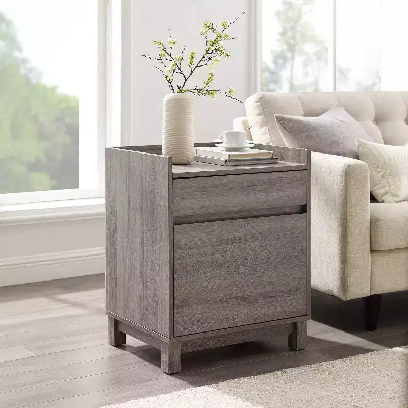 Classificatore a due cassetti, impiallacciatura in legno grigio