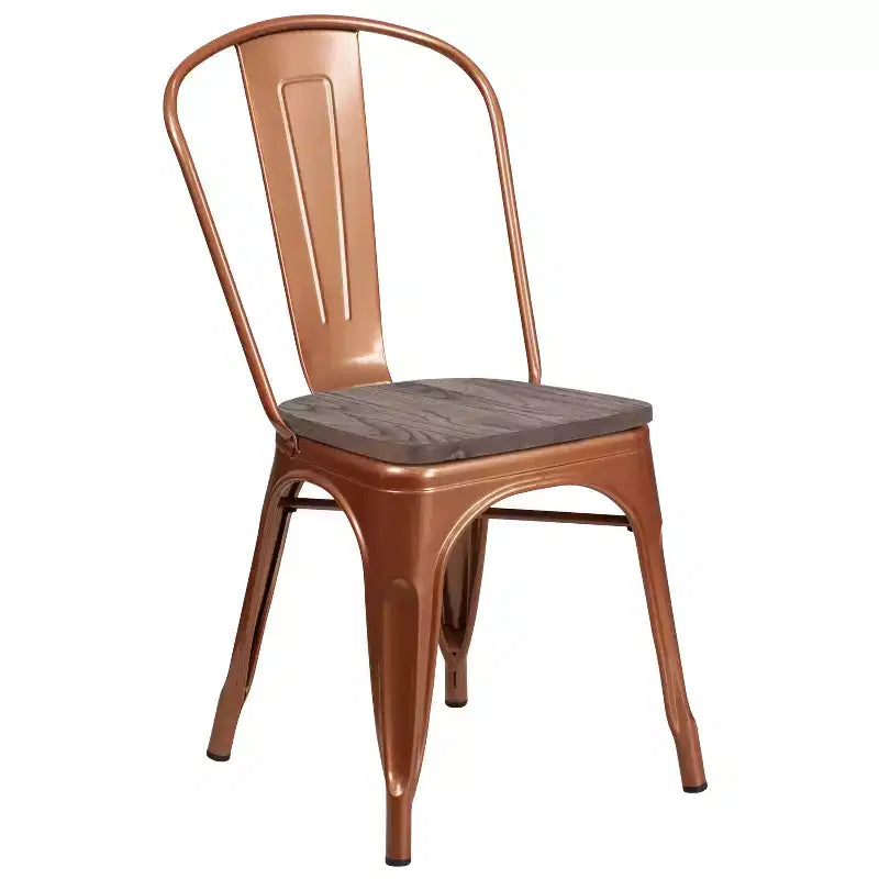 Sedia da pranzo impilabile in metallo colorato con seduta in legno