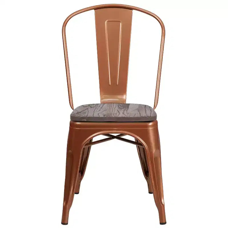 Sedia da pranzo impilabile in metallo colorato con seduta in legno