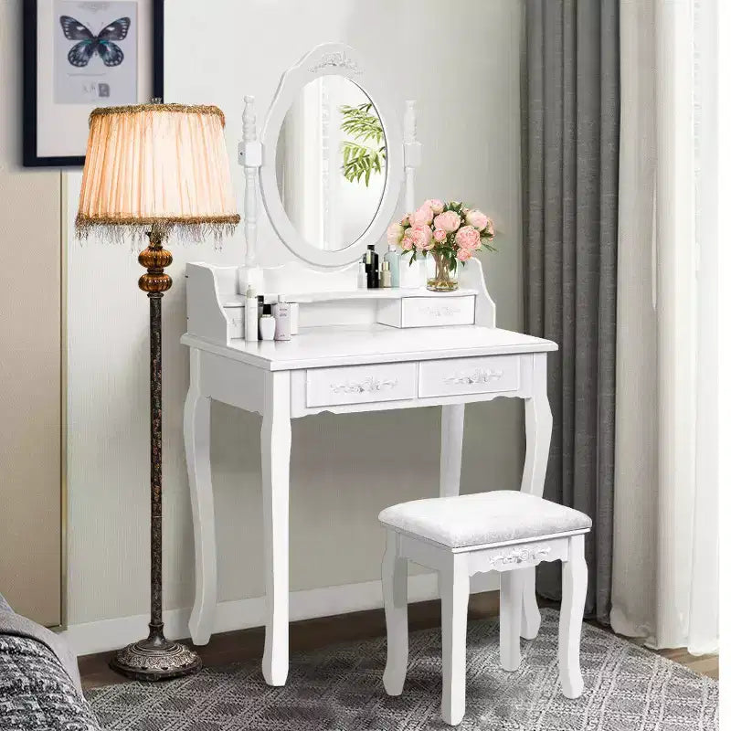 Costway Vanity Wood Makeup Dressing Table Stool 4 Drawers Black/White