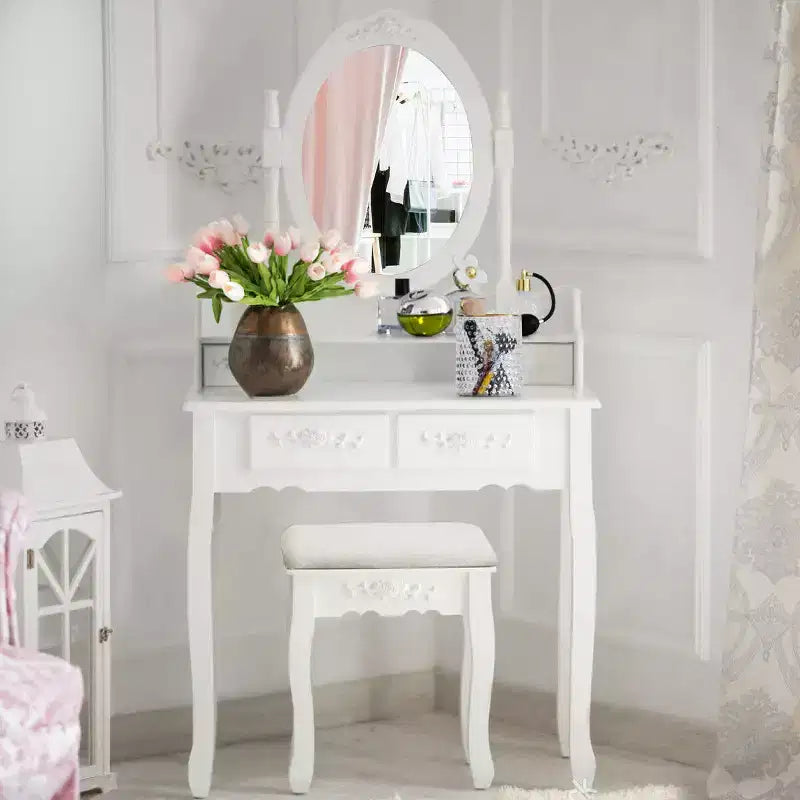 Costway Toeletta da Trucco in Legno con Sgabello a 4 Cassetti Nero/Bianco