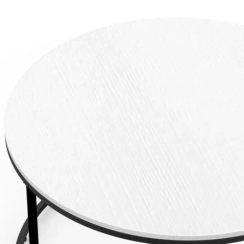 Tavolino rotondo con piano effetto legno bianco e struttura in metallo nero