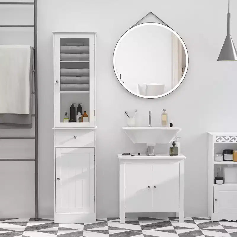 Mobiletto alto da bagno con anta in acrilico, cassetto e ripiani