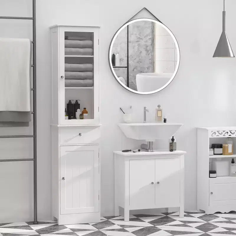 Mobiletto alto da bagno con anta in acrilico, cassetto e ripiani