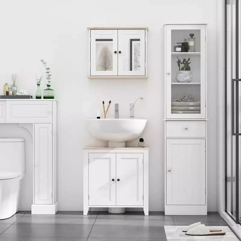 Mobiletto alto da bagno con anta in acrilico, cassetto e ripiani