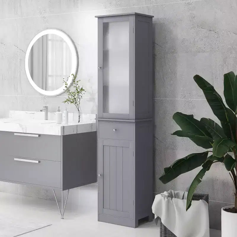 Mobiletto alto da bagno con anta in acrilico, cassetto e ripiani