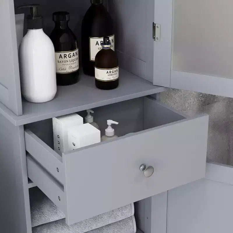 Mobiletto alto da bagno con anta in acrilico, cassetto e ripiani