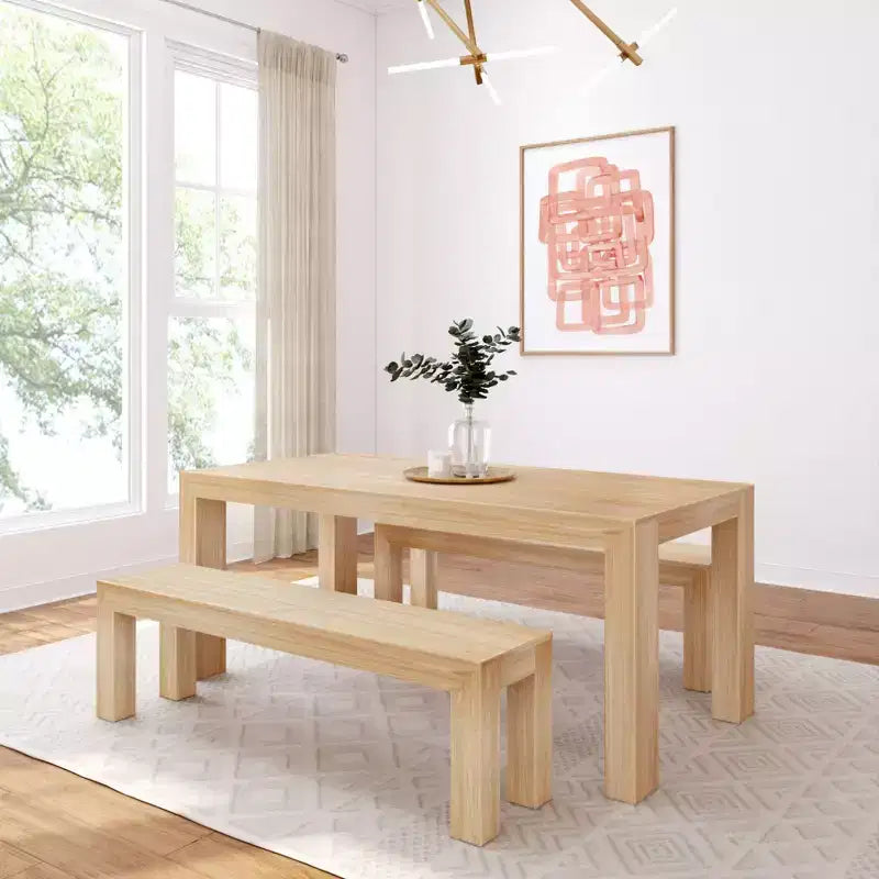 Set tavolo da pranzo moderno in legno massello Plank+Beam con 2 panche per 6 persone
