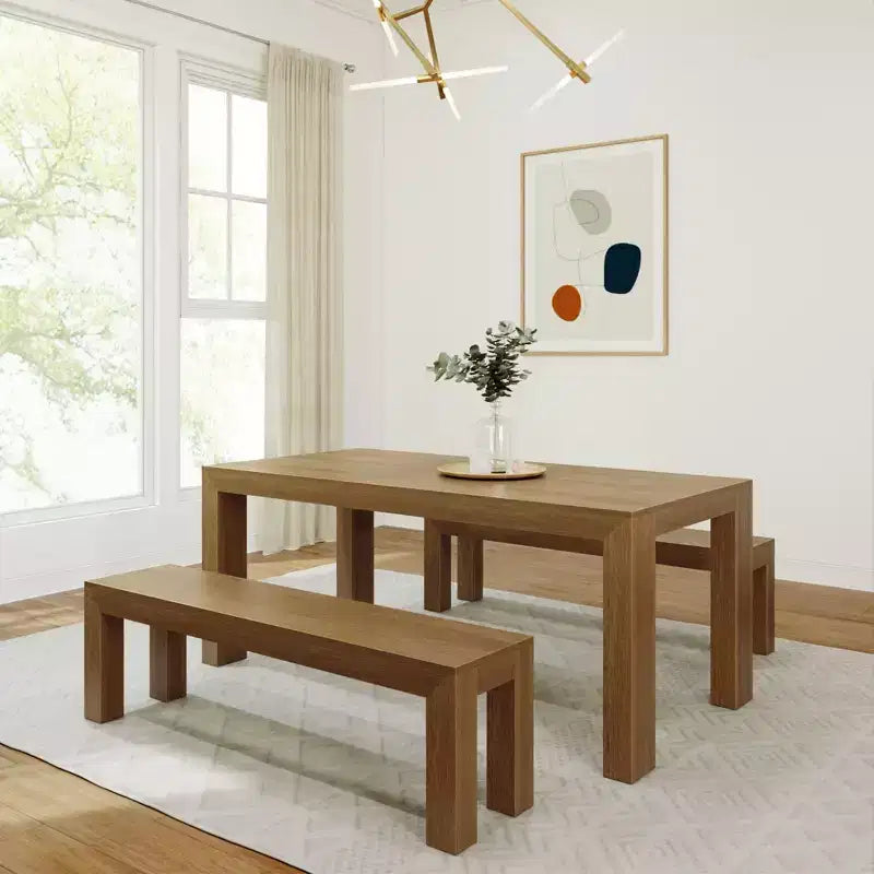 Set tavolo da pranzo moderno in legno massello Plank+Beam con 2 panche per 6 persone