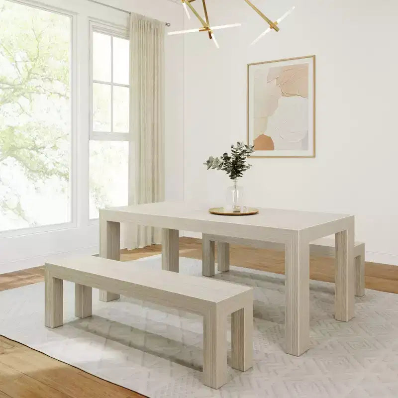 Set tavolo da pranzo moderno in legno massello Plank+Beam con 2 panche per 6 persone