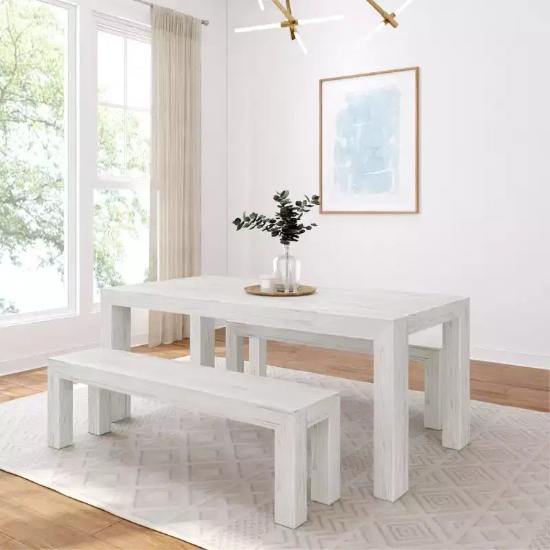Set tavolo da pranzo moderno in legno massello Plank+Beam con 2 panche per 6 persone