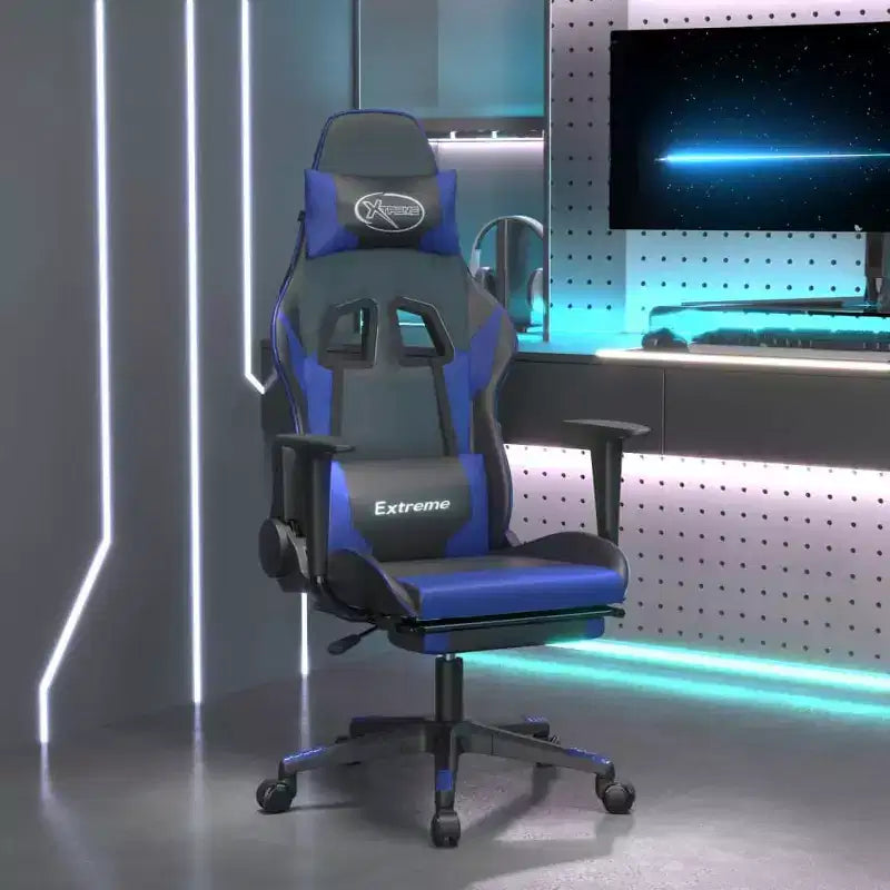 Sedia da gaming regolabile con poggiapiedi e funzione massaggio — Ecopelle nera e blu