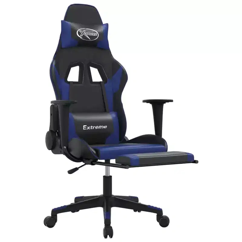 Sedia da gaming regolabile con poggiapiedi e funzione massaggio — Ecopelle nera e blu