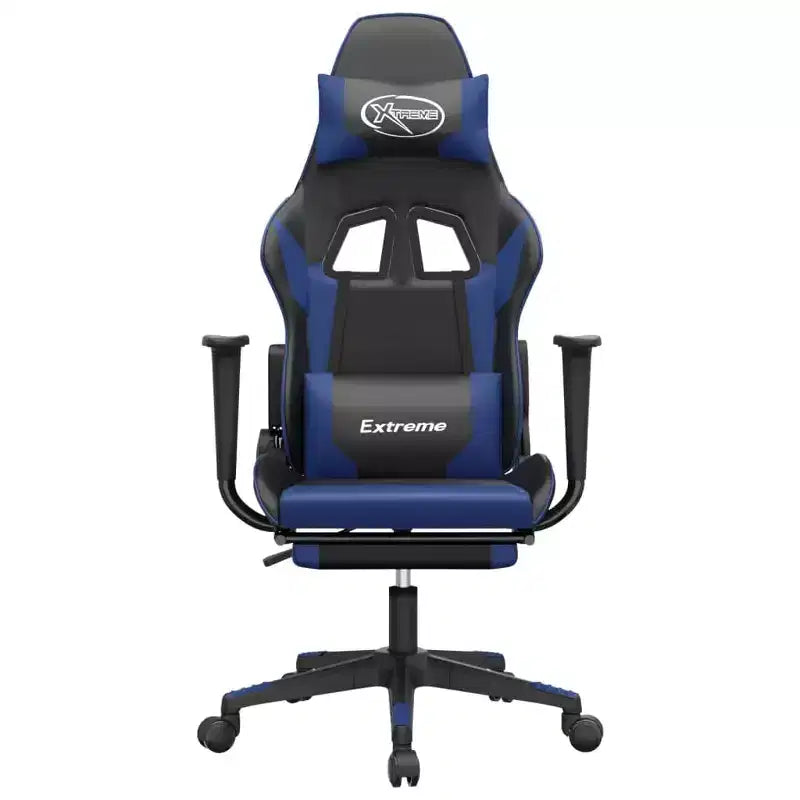 Sedia da gaming regolabile con poggiapiedi e funzione massaggio — Ecopelle nera e blu